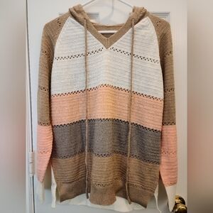 Women's Boho Color Block Striped Knitted Hollow Out Jumper Hoodie Sweater